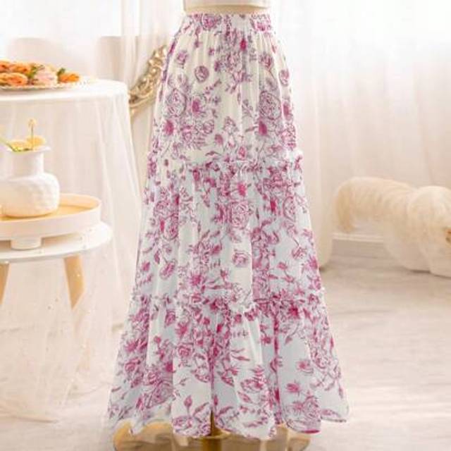 Soleia Romantic Floral Print Elastic Waist Layered Ruffle Hem A-Line Long Skirt, Loose Fitting Beach/Holiday Style, Valentine&#39;s Day, Skirt Women,Summer Cloth
