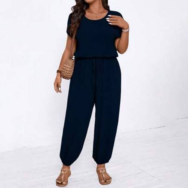 Plus Size Enfärgad Kortärmad Jumpsuit, moderiktig för sommaren - Marinblå (0XL,1XL,2XL,3XL,4XL)