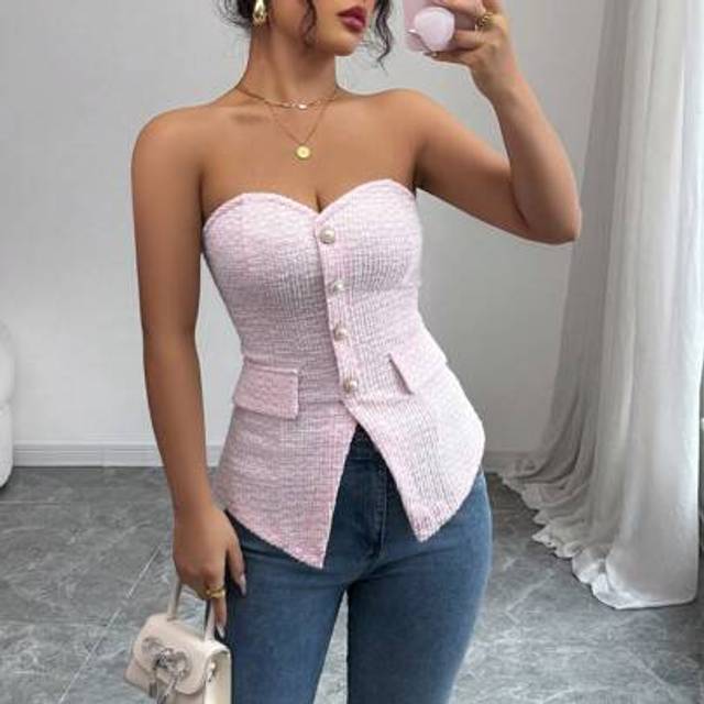 Calvaya Women&#39;s Textured Pink Strapless Cropped Top With Pearl Button Details, Summer