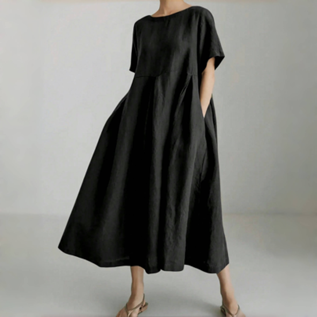 SHEIN Women&#39;s Elegant Simple Loose Comfortable Linen Dress, Round Neck Short Sleeve Pocket Solid Color Maxi Linen Dress, Spring/Summer