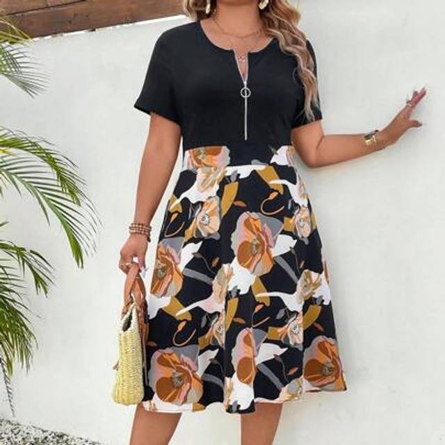 SHEIN Plus Size Women Summer Casual Floral Print A-Line Midi Dress, Zipper Closure, Suitable For Party, Wedding