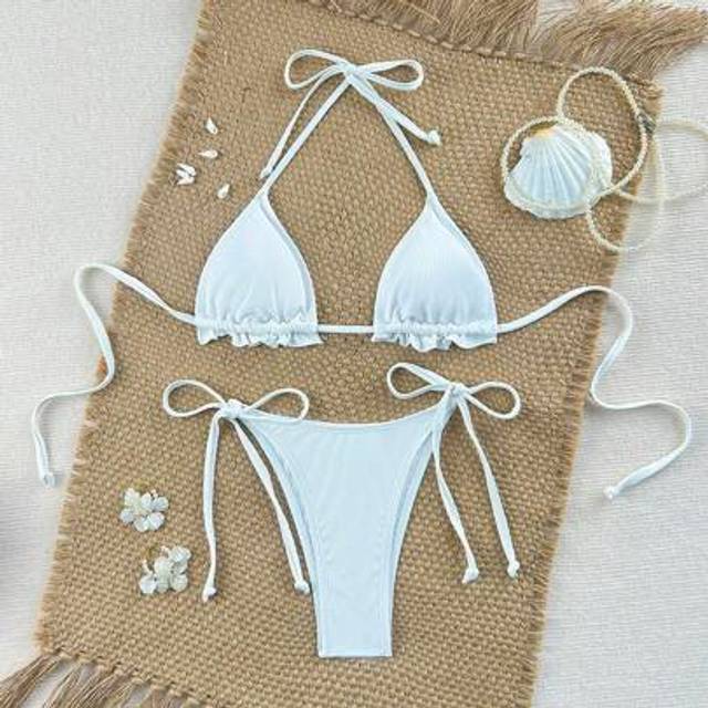 SHEIN Women&#39;s Textured Fabric Sweet Ruffle Halter Tie Bikini Set, Beach Holiday
