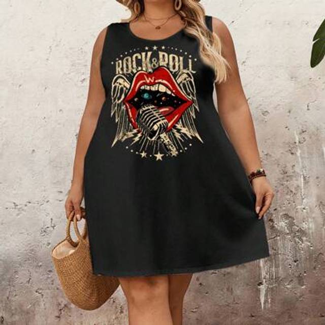 SHEIN Plus Size Women Summer Casual Loose Music Festival Lip Print Sleeveless Dress,Curve Plus ,Hoho Vacation