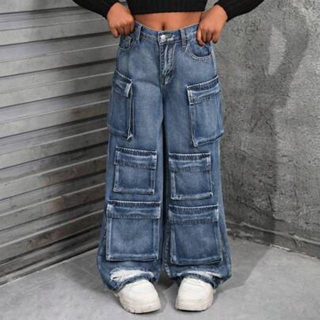 SHEIN Tween Girls&#39; Y2K Fashion Stonewashed Multi-Pocket Distressed Cargo Jeans Baggy Wide Leg Pants, Tween Girl Fall Clothes Back To School Outfits