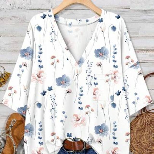 Luneh Casual Minimalist Spring Ditsy Floral Plus Size T-Shirt, Suitable For Summer