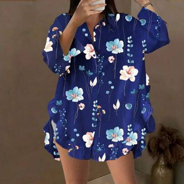 Maweii Plus Size Women Floral Print Long Sleeve Ruffle Patchwork Loose Blouse
