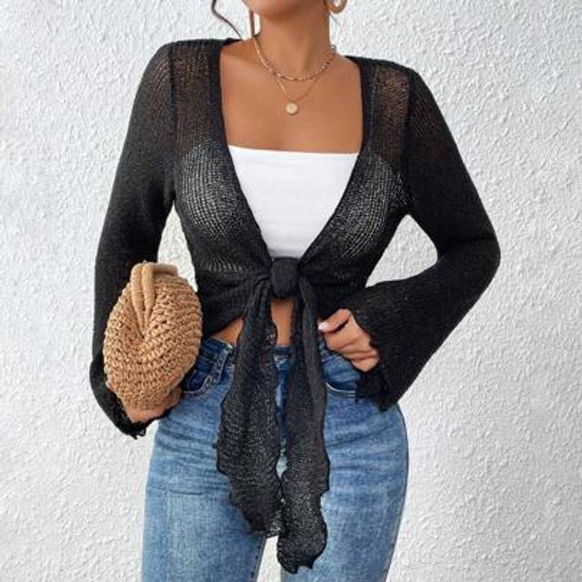 SHEIN Lettuce Trim Trumpet Sleeve Knot Front Crop Cardigan Without Cami Top