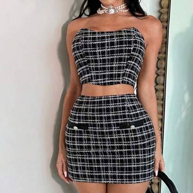 SHEIN Plaid Print Tube Top & Bodycon Skirt