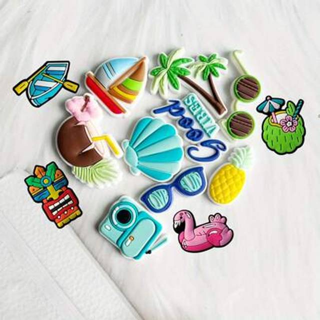 SHEIN 13pcs Tropical Beach Theme PVC Bag Charms Shoe Charms | 12pcs | PVC | Removable DIY | Shoe Accessories | Summer Gift | Creative Street Style Stickers