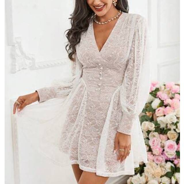 SHEIN Women&#39;s Romantic Valentine&#39;s Day Lace Pattern A-Line Mini Dress With Elastic Fabric
