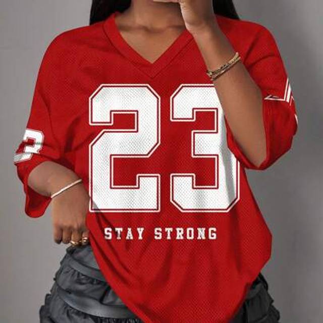 Slaydiva Plus Size Minimalist Number Print V-Neck T-Shirt, Casual Sporty Style, Suitable For Summer