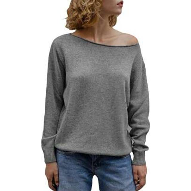 SHEIN Women&#39;s Solid Color Knitted Sweaters Slash Neck Off Shoulder Ribbed Long Sleeve Spring Pullovers
