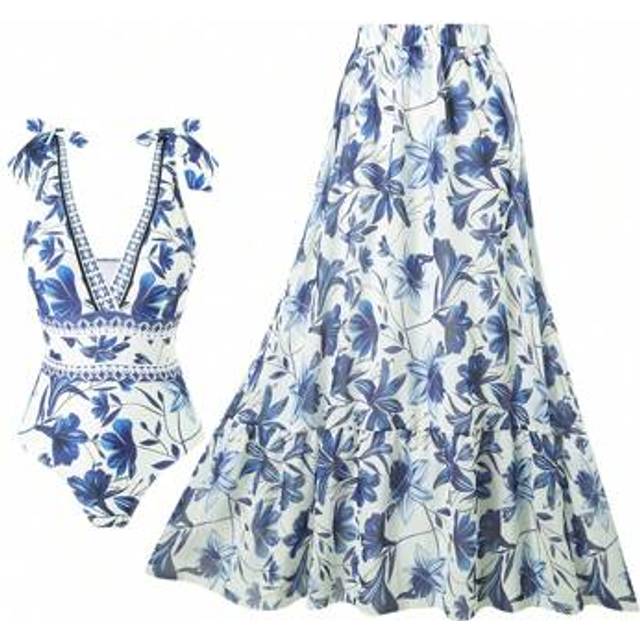 SHEIN 2024 New European And American Women One Piece Swimsuit Set With Long Skirt, Fashionable Slim Sexy Swimwear, For Summer Beach Vacation