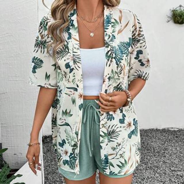 SHEIN Kimono Style Floral Print Shirt And Bowknot Waist Shorts Elegant Casual Holiday Outfit For Women