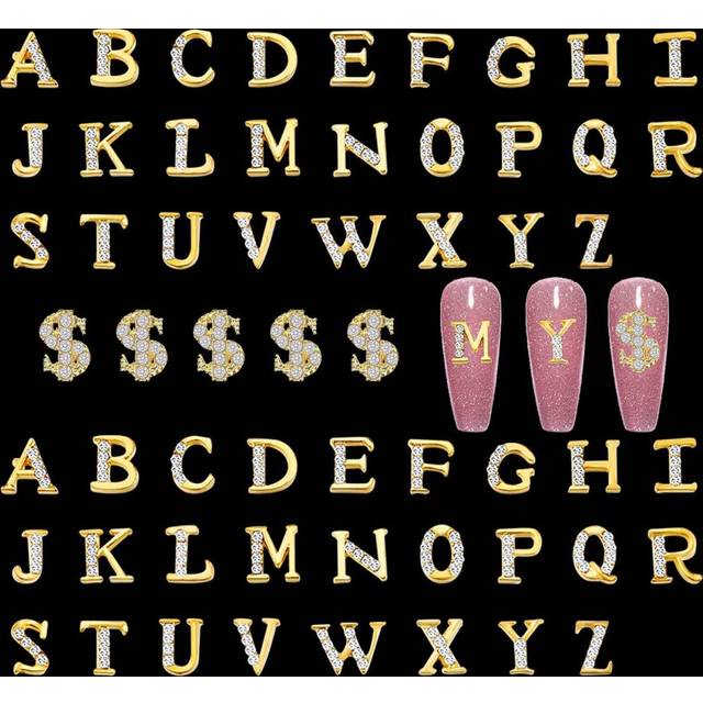 52pcs Gold Letters Nail Stud Alloy Rhinestone + 5pcs 3D Dollar Sign Money Nail Art 3D Capital Letters Nail Studs Alphabet Nail Charms Art for Acrylic