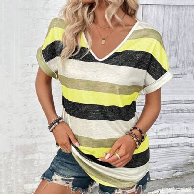 Randig V-ringad Batwing Kortärmad Casual Lös T-shirt för kvinnor - Multifärgad (L,M,S,XL)