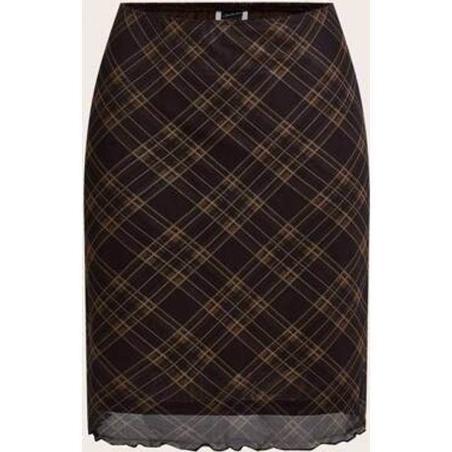 SHEIN Brown Plaid Woven Women Casual Versatile Knee-Length Skirt