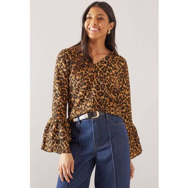 Womens Leopard Print Textured Jersey Flute Sleeve Top - Mono - 8