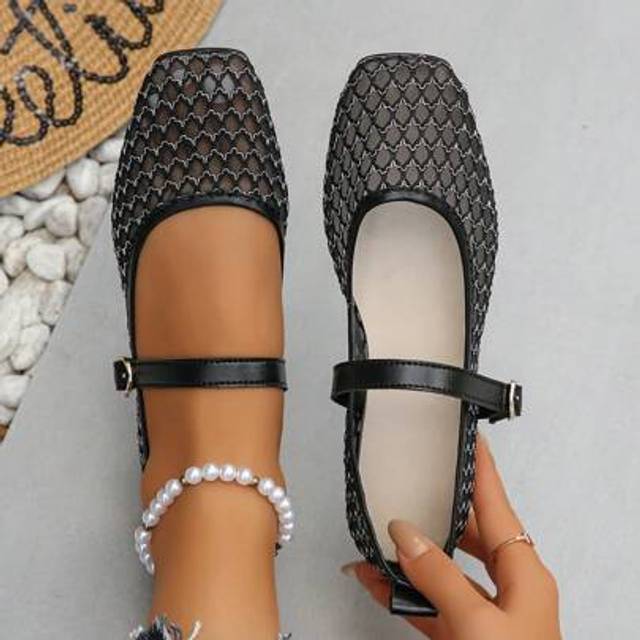 SHEIN New Summer Fashion Versatile Mary Jane Black Hollow Circle Mesh Breathable Lady Flat Shoes, Daily Wear Lightweight Comfortable Single Buckle Embroider