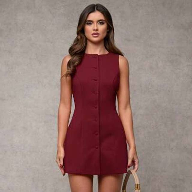 SHEIN Women&#39;s Round Neck Sleeveless Front Button Casual Short Dress,Business Casual Woman