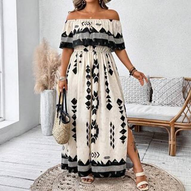Breezaya Women Plus Size Off Shoulder Ruffle Waist Flare Hem Dress