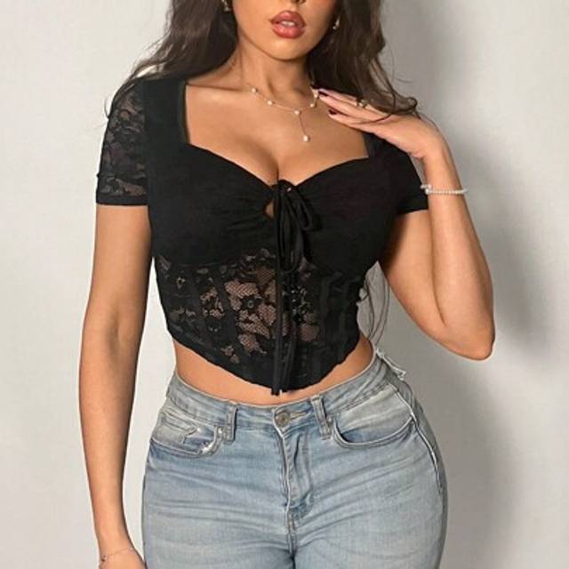 Firerie Women Elegant New Sexy Cropped Lace Fitted T-Shirt,Cute Top,Elegant And Sexy Party Commuting Cropped Lace Slim Fit T-Shirt Suitable For Country,Music