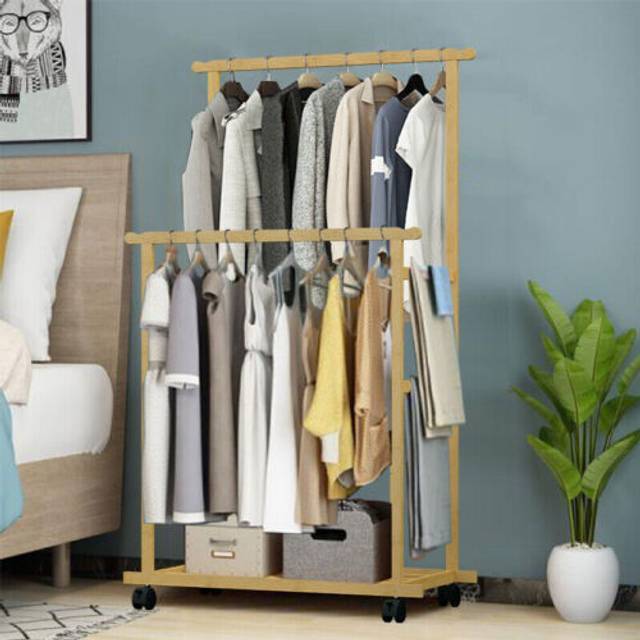 Premium bamboo clothes rail heavy duty xxl garment rack rolling trolley on wheel