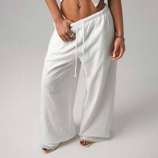 SHEIN White Linen Drawstring Low Waist Contrast Lace Trim Wide Leg Maxi Pants