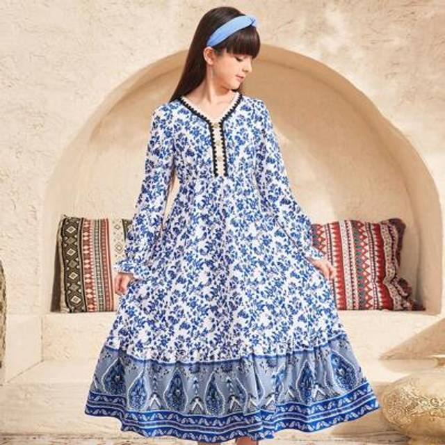 SHEIN Tween Girl&#39;s Loose Casual V-Neck Ribbon Trim Lantern Sleeve Printed Waisted Long Dress, Casual Resort, Boho