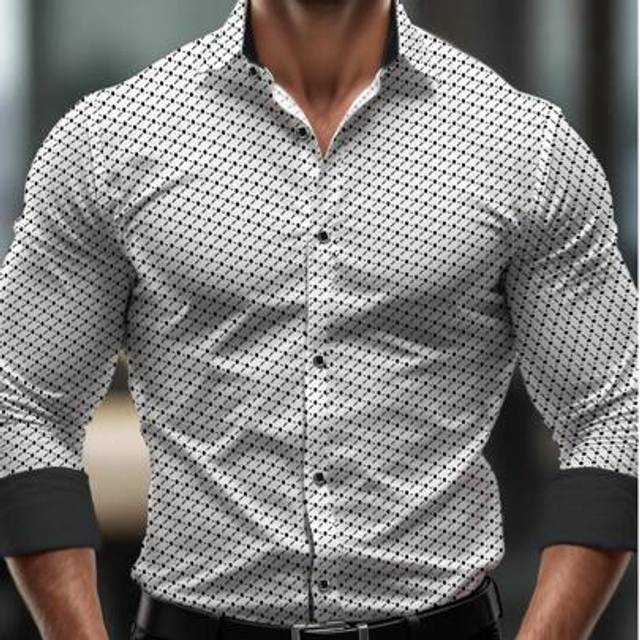 SHEIN Men&#39;s Classic Fashion Luxury Geometric Print Slim Fit Dress Shirt, Business Series, Slim Cut, Black & White Dot Print Long Sleeve Shirt, Suitable For