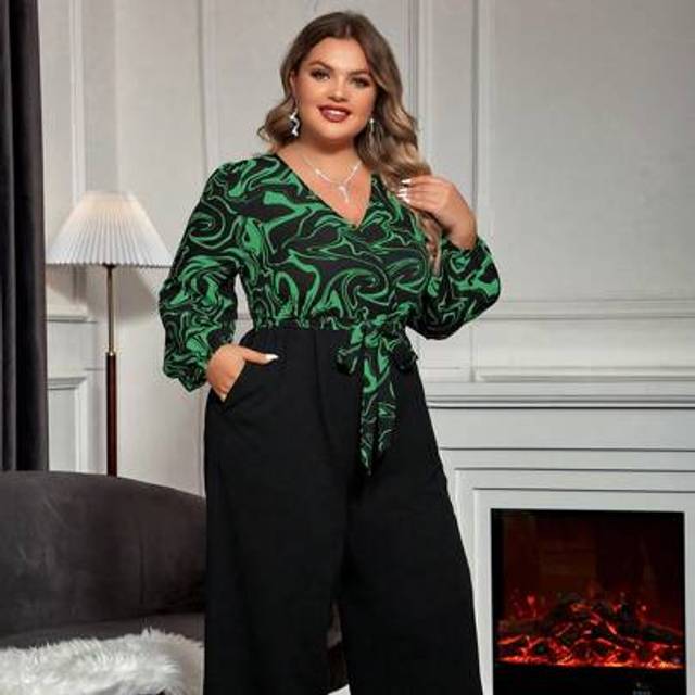 SHEIN Plus Size Women Marble Print Lantern Sleeve Pockets Wide Leg Jumpsuit