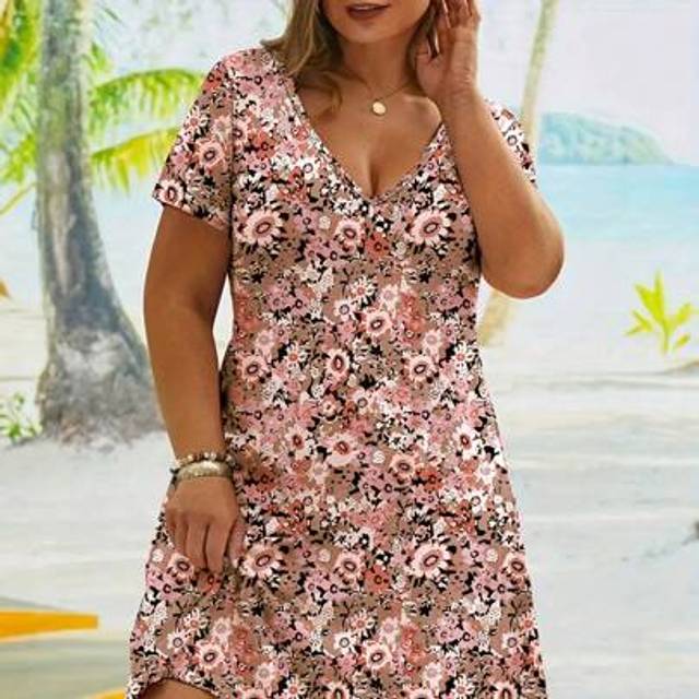 Plus Size Kvinnor Elegant Ditsy Blommig semester stil Casual V-ringad kortärmad klänning - Multifärgad (0XL,1XL,2XL,3XL,4XL)