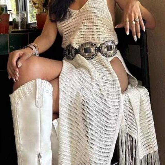 SHEIN Summer New Women&#39;s Vacation Style Bohemian Style Crochet Maxi Dress With Fringe Knitted Dress, Beach Long Cover Up Summer Side Slit Dress,Cocktail Par