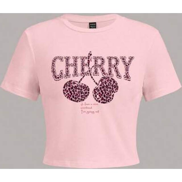 SHEIN Casual Chic Cherry & Leopard Print Crew Neck Short Sleeve Tight Cropped Women T-Shirt, Suitable For Summer