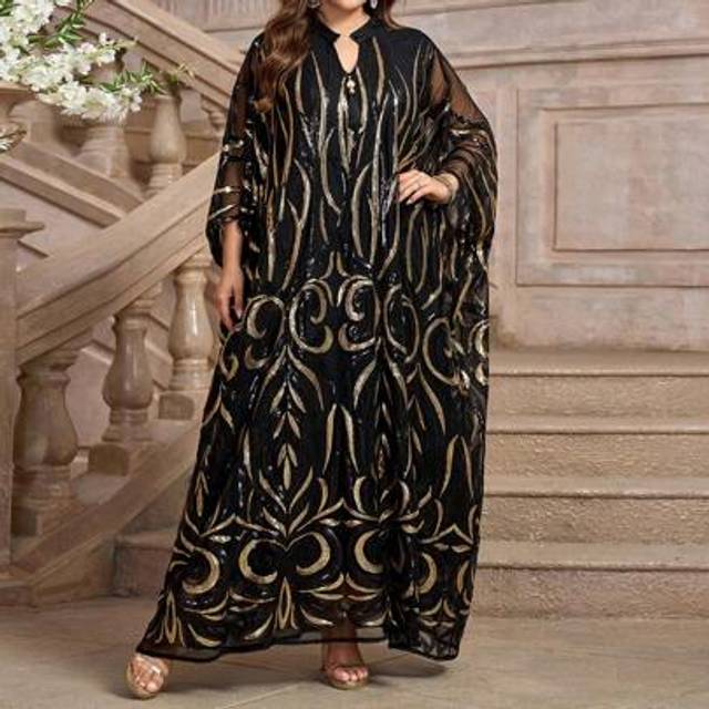 SHEIN Plus Size Women Sequin Color Block Long Sleeve Arabic Style Dress