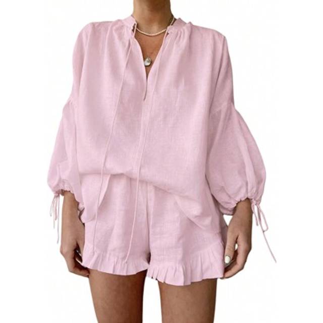 SHEIN Women Summer Cotton 2Pcs Outfits Long Sleeve Tie-Up V-Neck Shirts Tops Elastic Waist Shorts