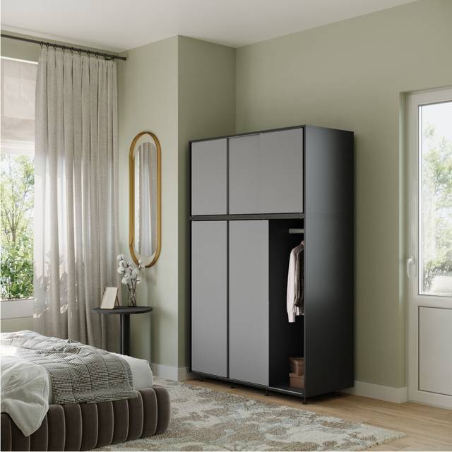 (Black Carcass with Grey Doors) 6 Sliding Doors Wardrobe Bedroom Storage Closet Clothes Hanging Rail Cupboard