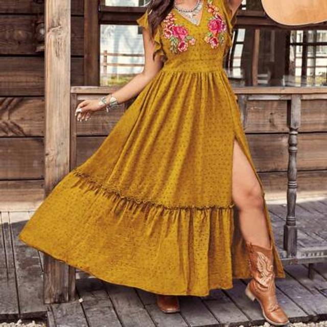 Breezaya Plus Size Women&#39;s Western Style Bohemian Hippie Festival Holiday Casual Vacation Embroidered Jacquard V-Neck Short Sleeve Dress