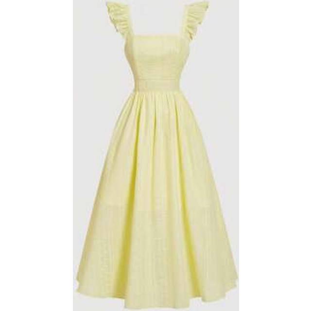 Gul ihålig midja sommar maxiklänning, volang ärm, fluga bak, klänningar Graduation, festklänning, sommar kvinnor Milkmaid outfit, rosett klänning, Boh (L,M,S,XL,XS,XXL,XXS,XXXL,XXXXL)
