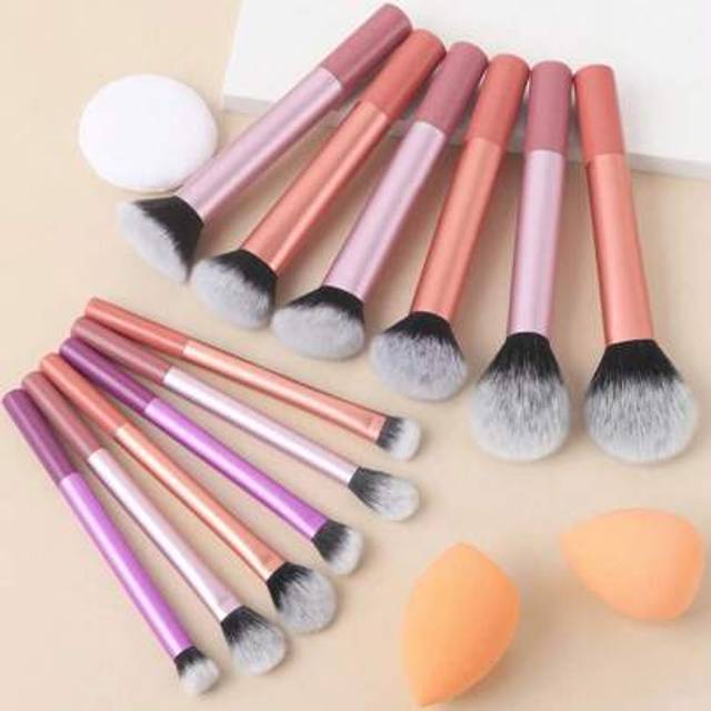 SHEIN 12pcs Multicolored Long Tube Makeup Brush Set +2 Sponge Puffs As Gift; Including Blush Brush, Powder Brush, Contour Brush, Eyeshadow Brush; Cosmetic T