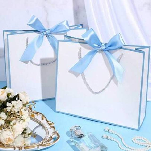 SHEIN 6pcs Large Kraft Paper Gift Bags, Shopping Bags, Packaging Bags With Bow Ribbon, Tote Bags, White Paper Tote Bags, Wedding Birthday Gift Bags, Simple