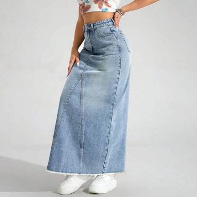 Kvinnor High Waist Pocket Design Lång Casual Mångsidig jeanskjol - Ljustvätt (L,M,S,XS)