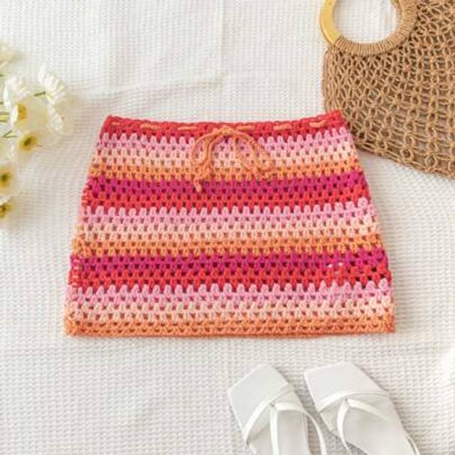 Soleia Women Vacation Style Red Ombre Rainbow Stripe Bodycon Mini Skirt, Suitable For Weddings, Beaches, Music Festivals, Summer Bohemian Crochet Knitted Sho