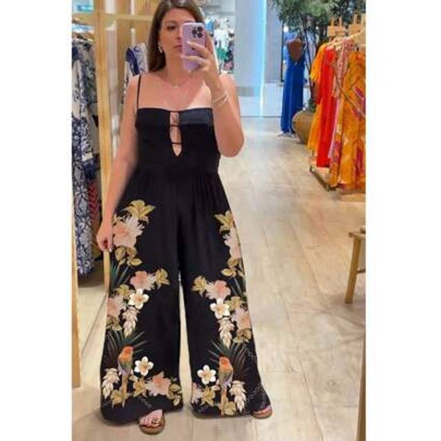 Plus Size Dam Elegant Spring Black Tropical Blommor och Papegojtryck Suspender Jumpsuit - Svart (1XL,2XL,3XL,4XL)