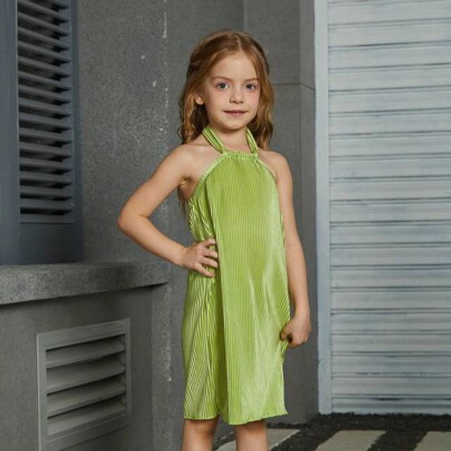 Ung flicka Enfärgad ärmlös Halter Neck Casual Sommarklänning - Grön (6Y,7Y,4Y,5Y)