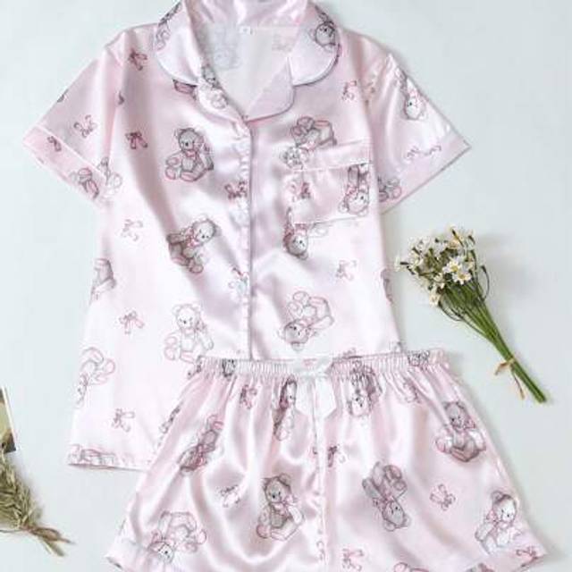 SHEIN Bear Print Women&#39;s Satin Short Sleeve Shorts Pajama Set