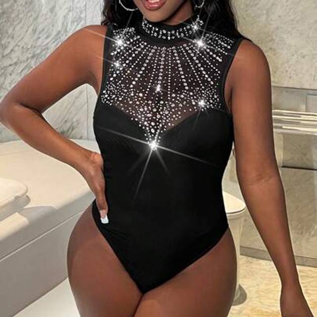 Slaydiva Summer Gorgeous High Neck Hot Diamond Front See-Through Black Sleeveless Bodysuit