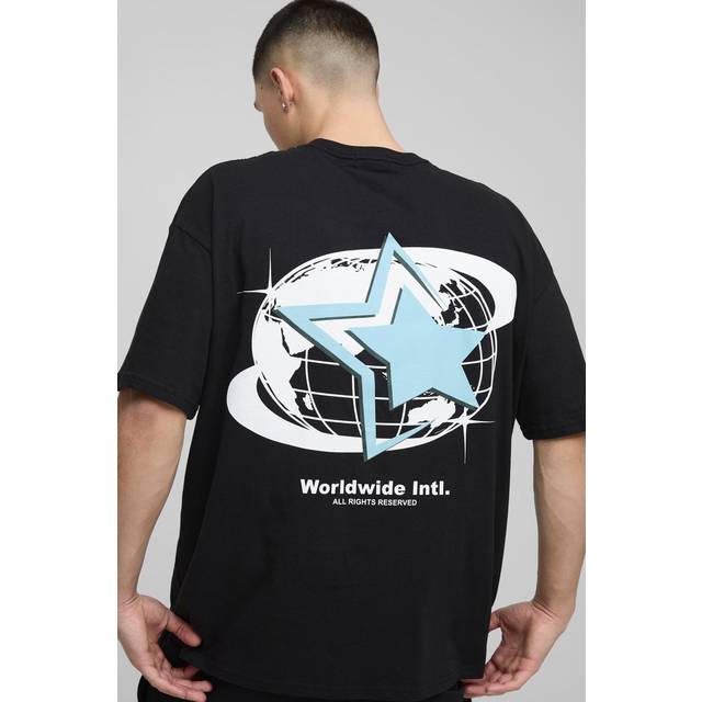 Oversized Official Globe Star Print T-Shirt - Black - M