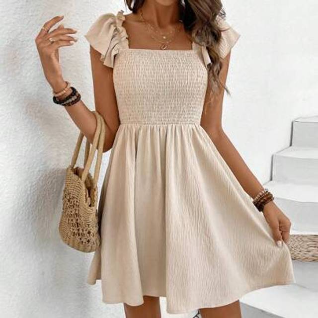 SHEIN Women&#39;s Fashionable Off-Shoulder Shirred Flounce Sleeve A-Line Dress  Work Women Dresses