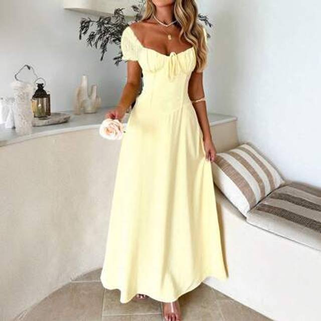 SHEIN Women&#39;s Solid-Color Bohemian Vacation-Style Dress With A Low-Cut Off-The-Shoulder Neckline And Back Tie Detailing.